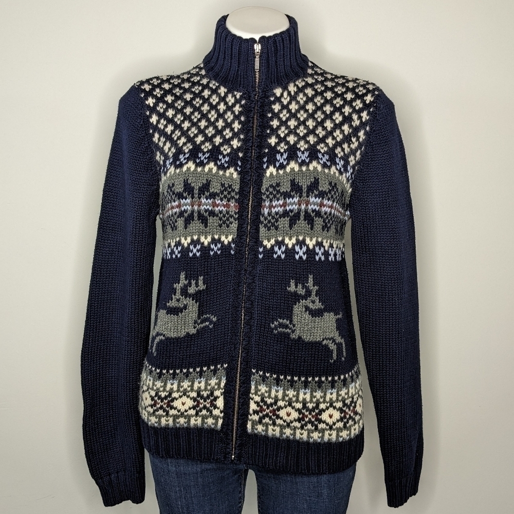 Eddie Bauer blue grey reindeer zip up sweater M Tall